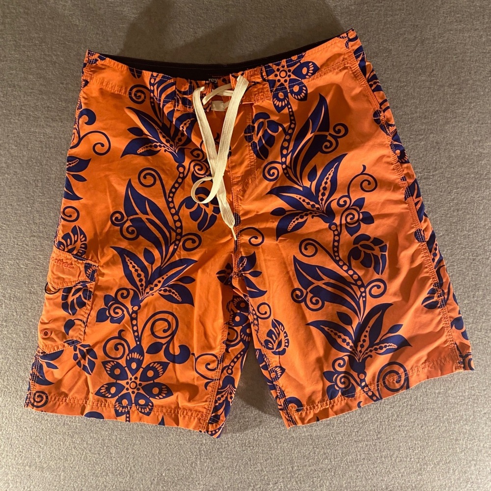Reyn Spooner Mens Swim Trunks Orange Navy Floral Tropical Board Shorts Size 34